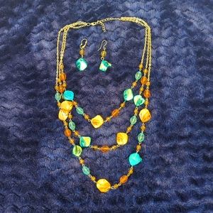 Multistrand Blue and Gold Shell and Beads Necklace and Earrings